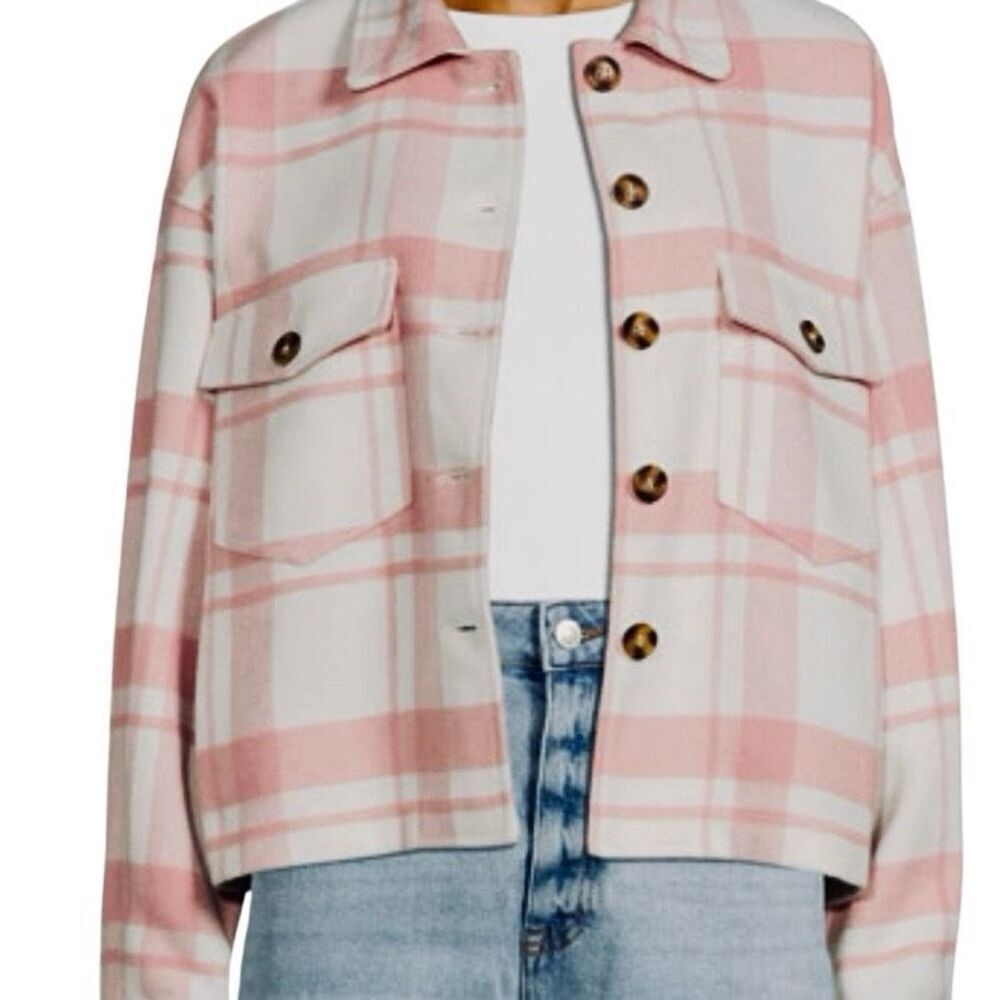 Love Tree Pink and Cream Cropped Shacket, Med. Femme